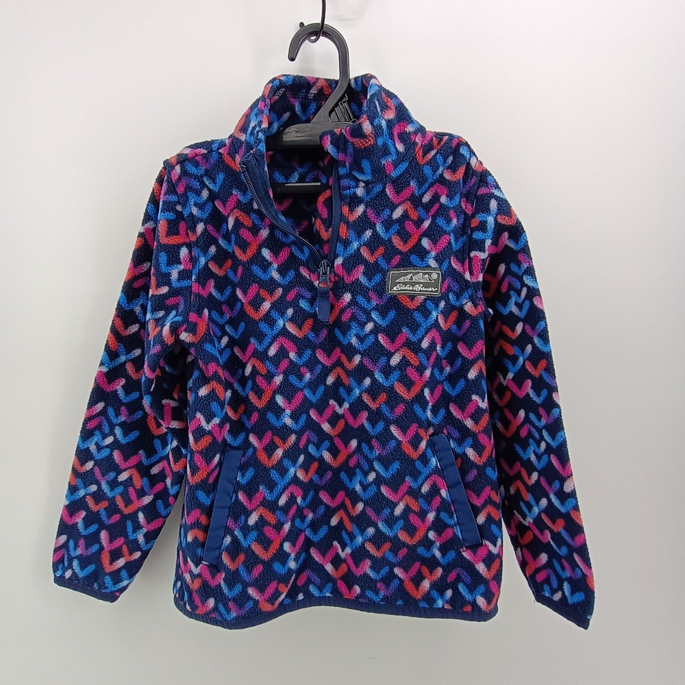 Eddie Bauer Girls XS 5/6 Fleece Pullover 1/4 Zip Blue Pink Geometric